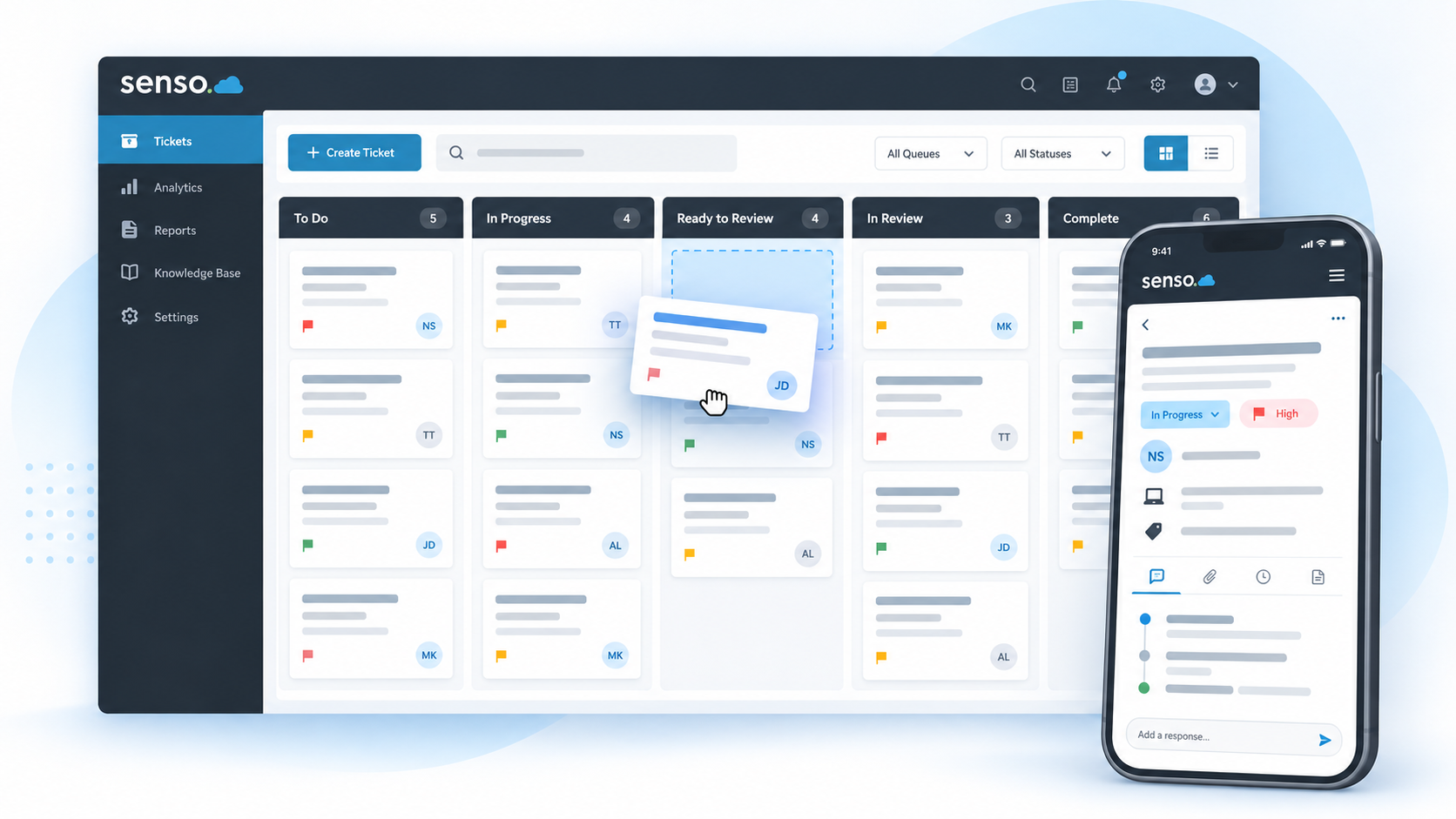 Senso Service Desk interface showing kanban ticket board with To Do, In Progress, Ready to Review, In Review and Complete columns, with mobile view alongside